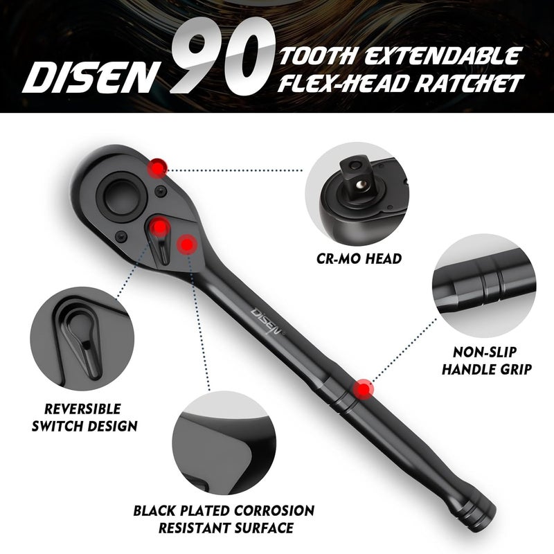 DISEN 3PCS Black Ratchet Set (1/2", 3/8", 1/4" Drive) - 90-Tooth Contour Handle, Black Oxide Finish with Reversible Quick Release & EVA Tray - Industrial Ratchet Wrench Kit - Image 2